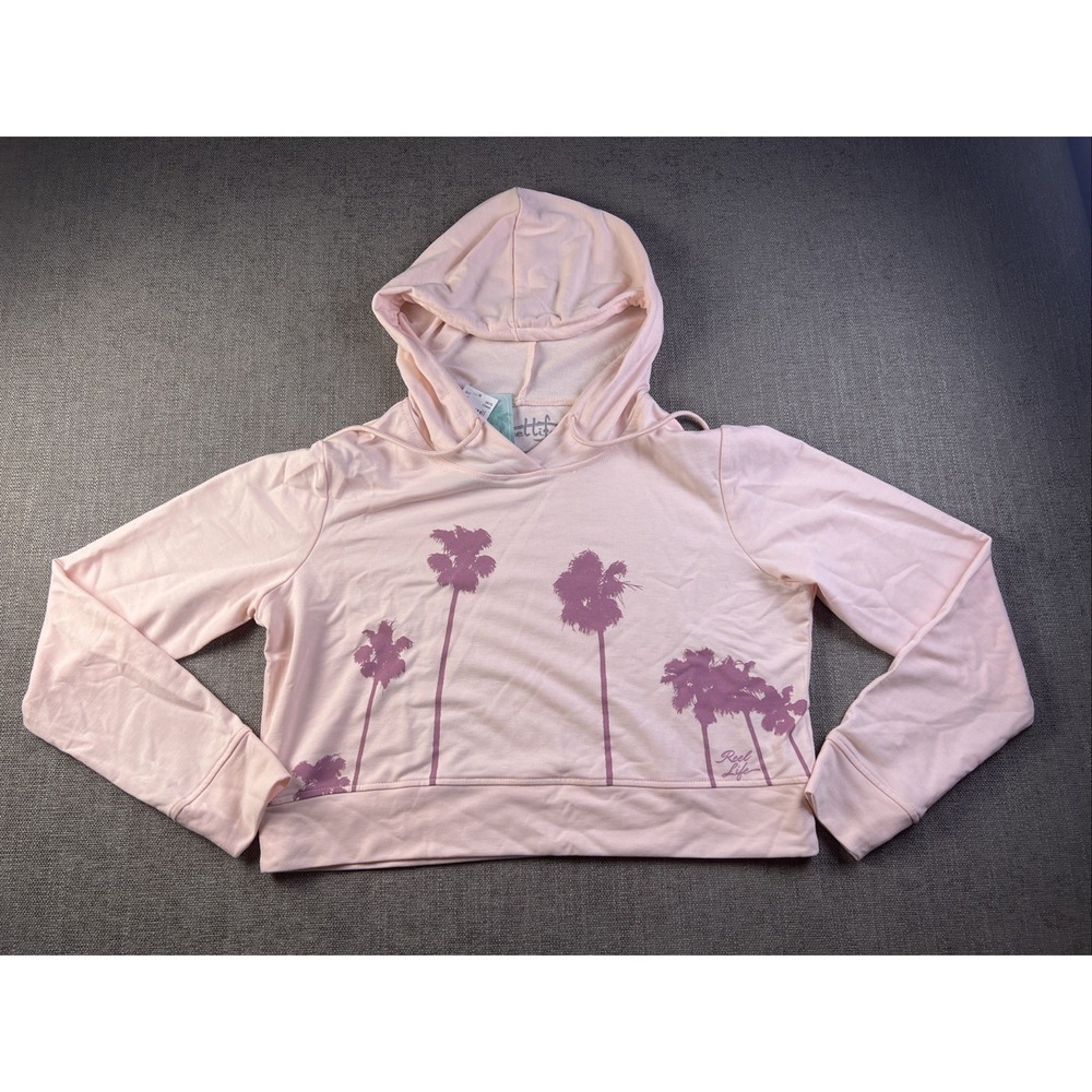 Reel Life Cropped Pullover Hoodie Palm Tree Graphic Beach Coastal Womens SM NWT